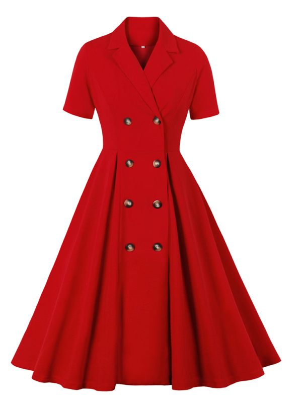 Ladies new solid color suit collar dress - Red / S