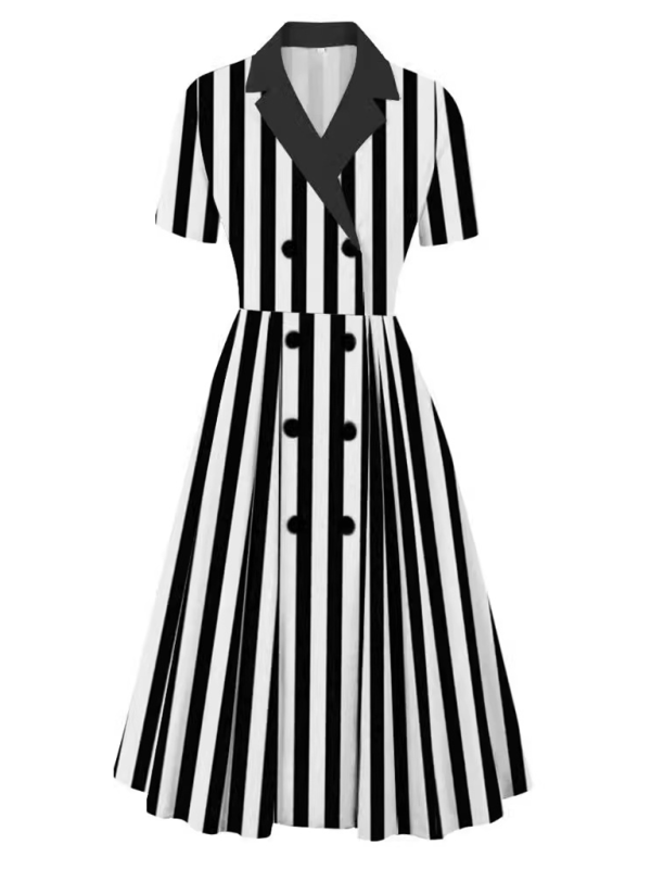 Ladies new solid color suit collar dress - Stripe / S