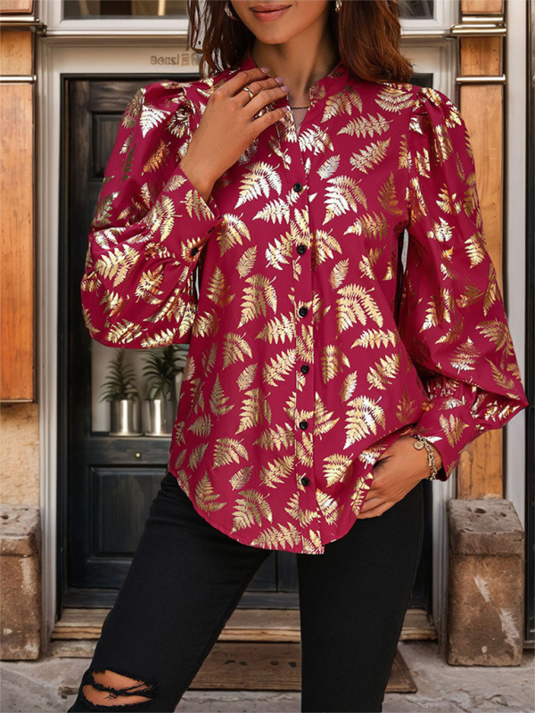 Ladies new style plant hot stamping shirt - Wine Red / S