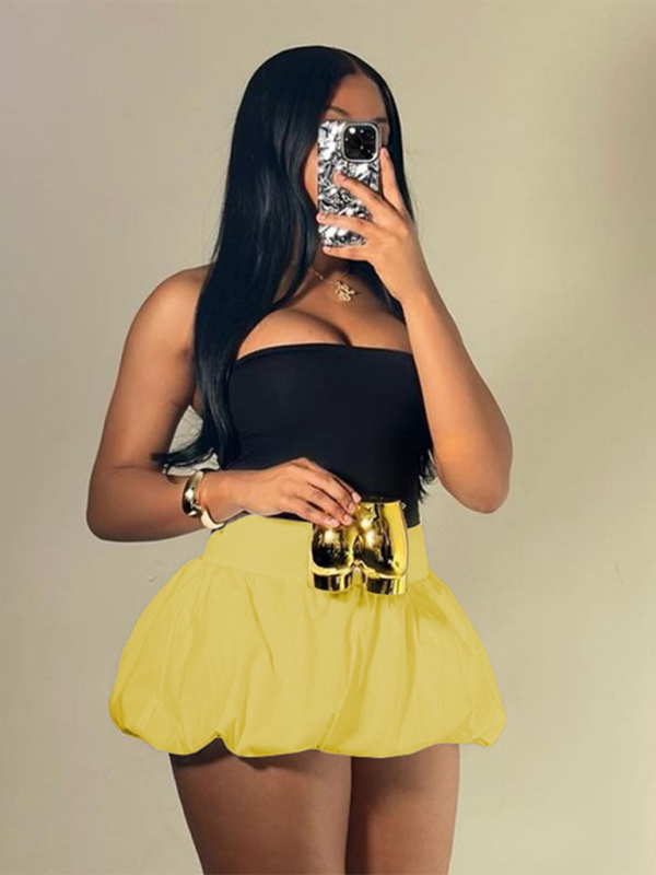 Ladies new style solid color versatile bubble skirt high waist ultra short skirt - Yellow / S