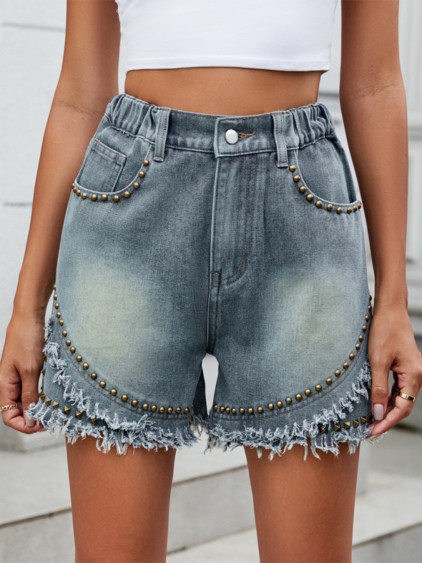 Ladies new washed casual denim rivet raw edge shorts - Blue / S