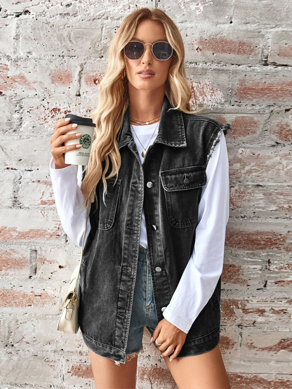 Ladies new washed denim loose vest waistcoat cardigan - Black / S
