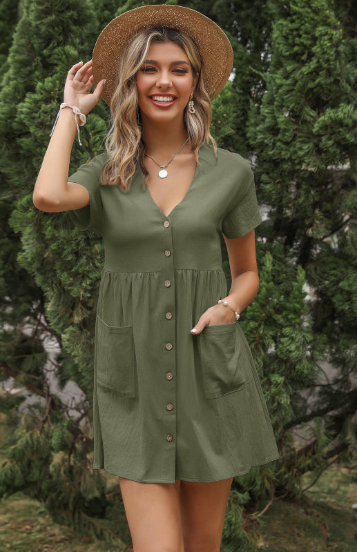 Olive green solid color short sleeve shirt dress for ladies with V-Neck design