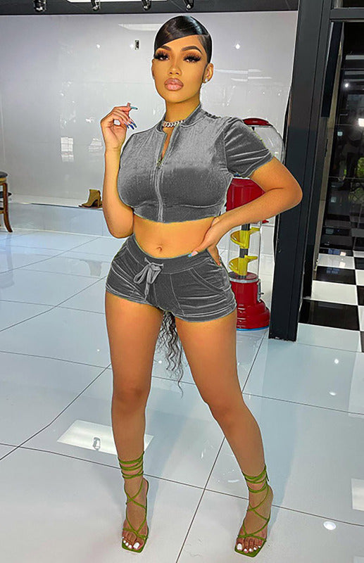 Ladies Velvet Short Solid Color Casual Sexy Two-piece Set - Grey / S