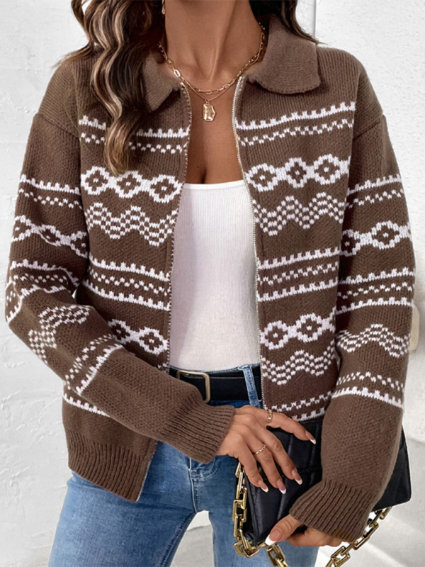 Lapel casual ethnic style jacquard zipper sweater cardigan - Coffee / S