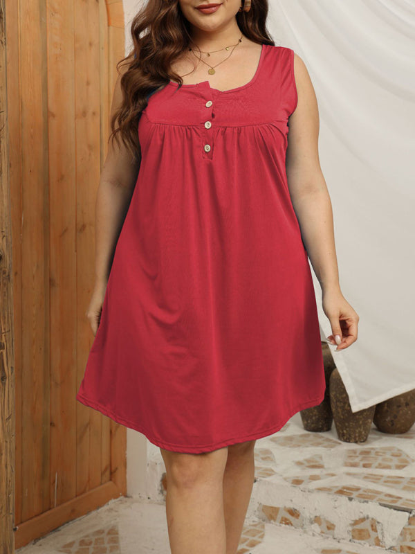 Large Size Loose Casual Buttoned Vest Sleeveless Dress - Red / S