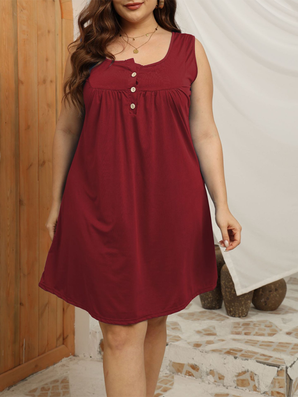 Large Size Loose Casual Buttoned Vest Sleeveless Dress - Wine Red / S