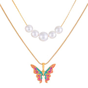 LAYERED NECKLACE BUTTERFLY CHARM LUSTROUS PEARL Y2K NECKLACE