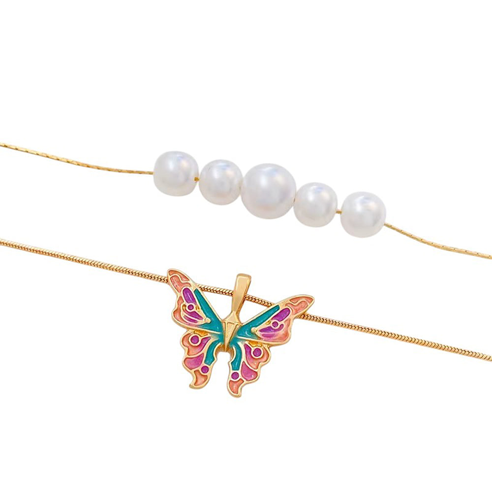 LAYERED NECKLACE BUTTERFLY CHARM LUSTROUS PEARL Y2K NECKLACE
