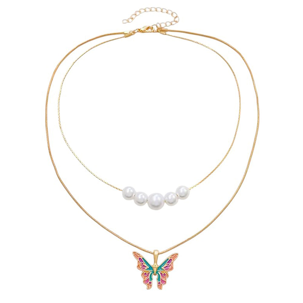 LAYERED NECKLACE BUTTERFLY CHARM LUSTROUS PEARL Y2K NECKLACE