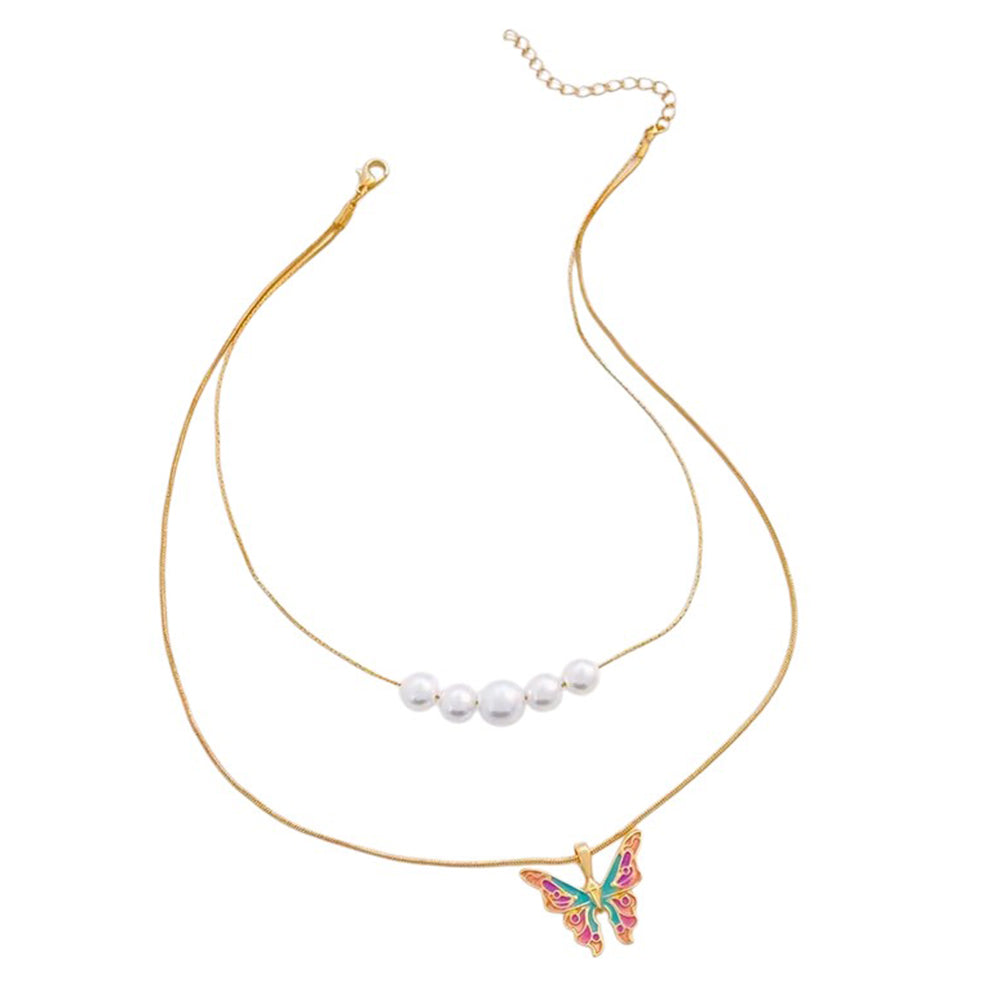LAYERED NECKLACE BUTTERFLY CHARM LUSTROUS PEARL Y2K NECKLACE
