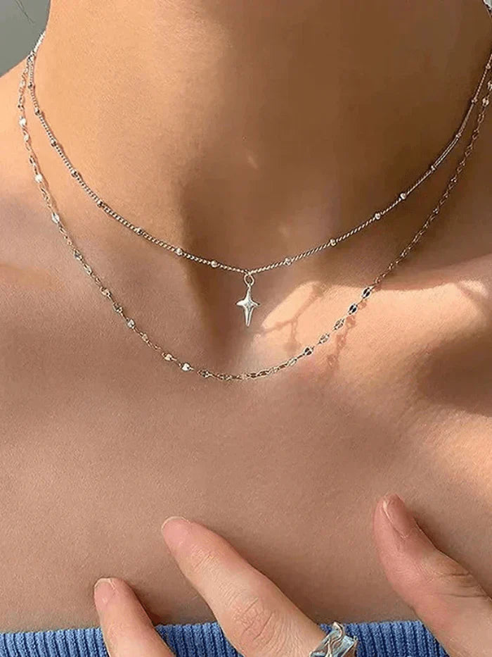 LAYERED NECKLACE WITH STAR PENDANT Y2K GEOMETRIC ALLOY