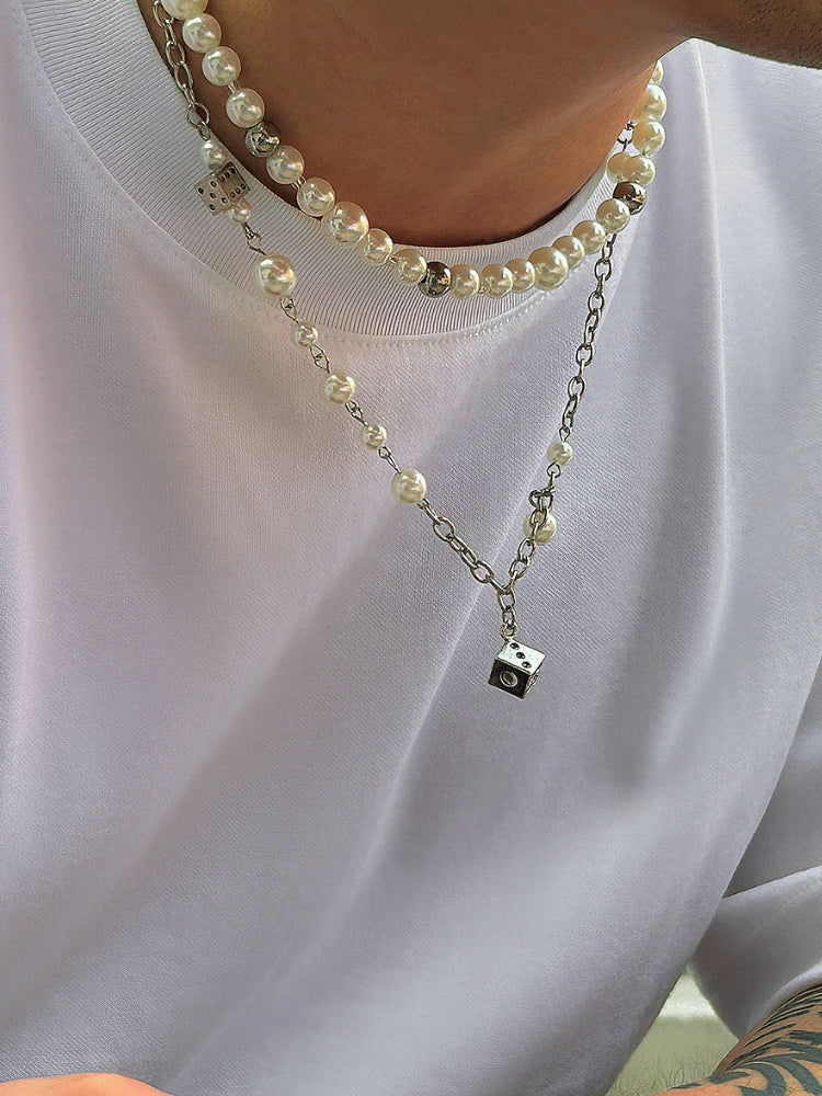 LAYERED PEARL NECKLACE WITH RHINESTONES - PEARL DICE NECKLACE