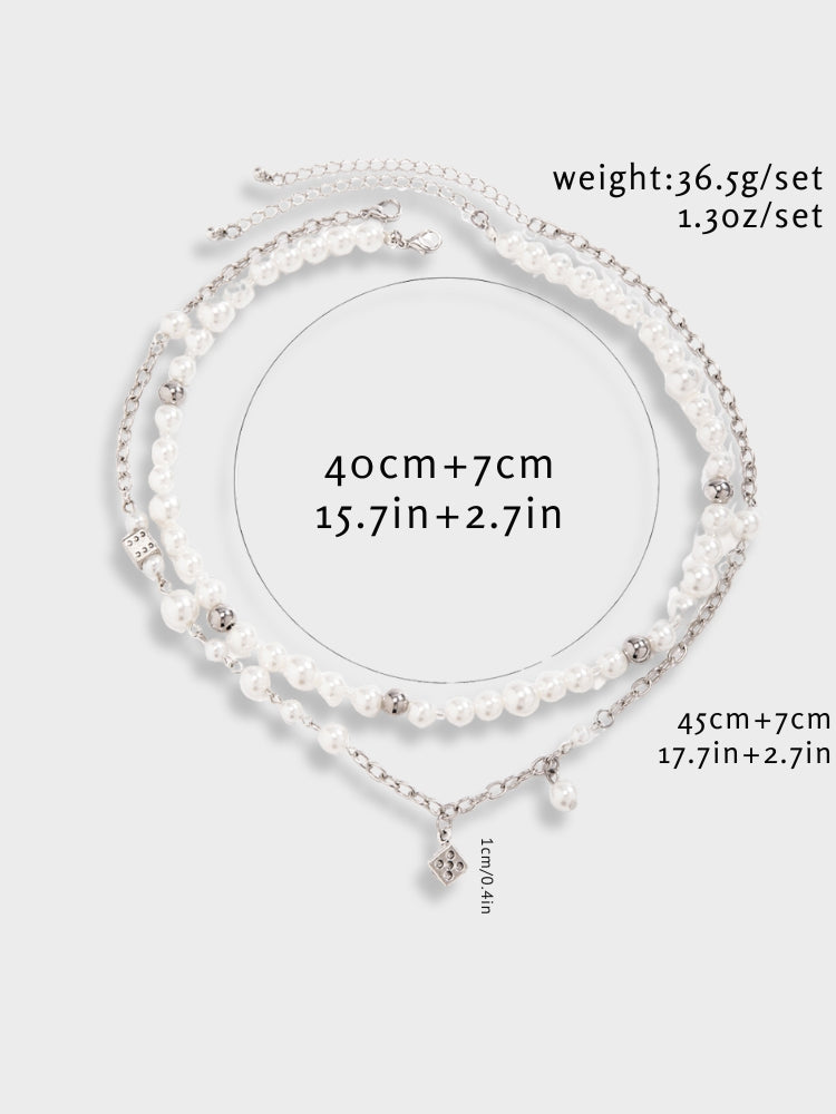 LAYERED PEARL NECKLACE WITH RHINESTONES - PEARL DICE NECKLACE