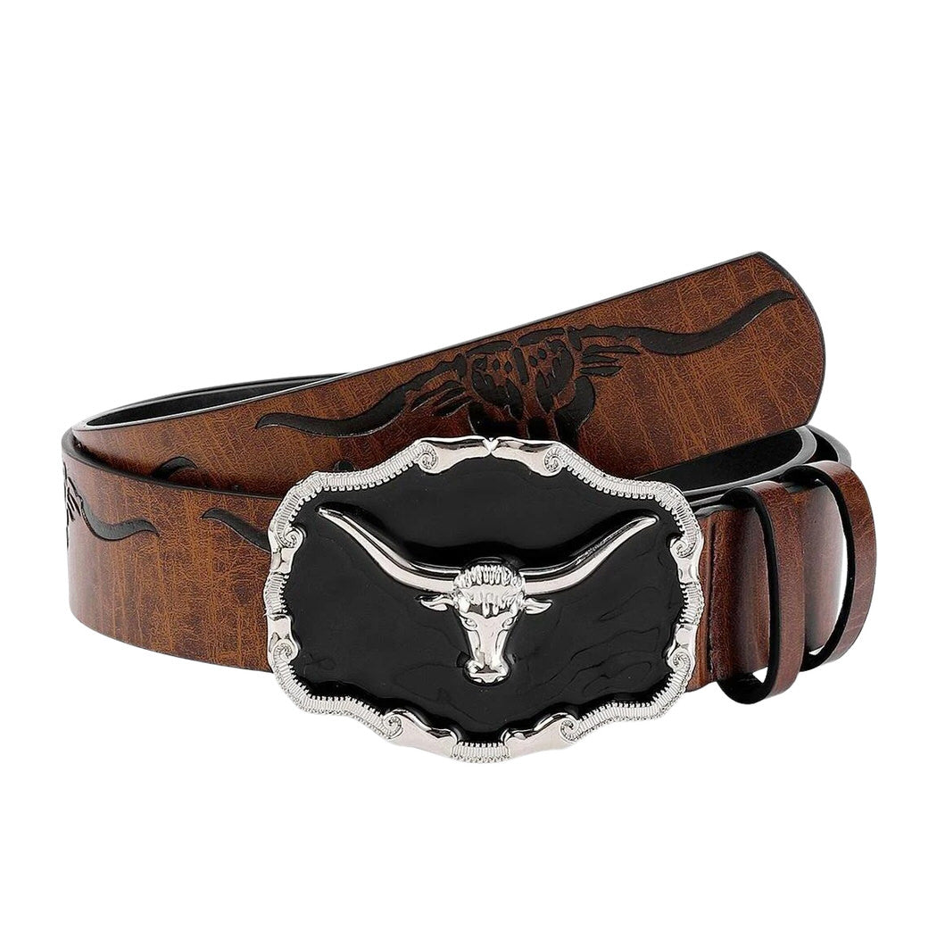 LEATHER BELT BULL HEAD BUCKLE CARVED BULL