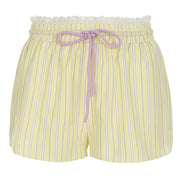 LEMON SHORTS WITH LILAC STRIPES AND RUFFLED LACE