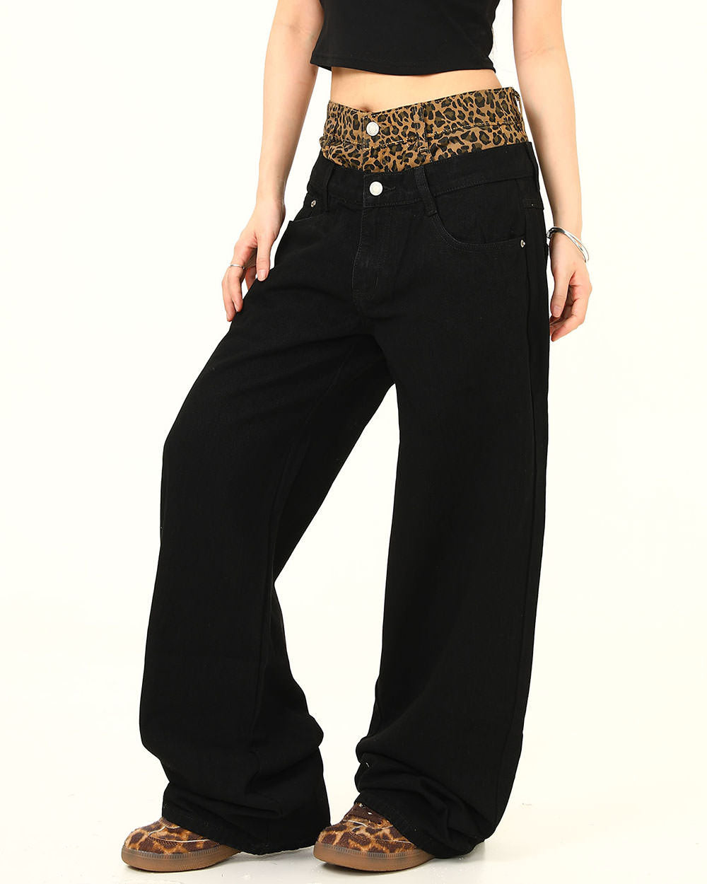 LEOPARD-ACCENT DOUBLE-LAYER WAIST HIGH-WAISTED BLACK JEANS