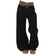 LEOPARD-ACCENT DOUBLE-LAYER WAIST HIGH-WAISTED BLACK JEANS