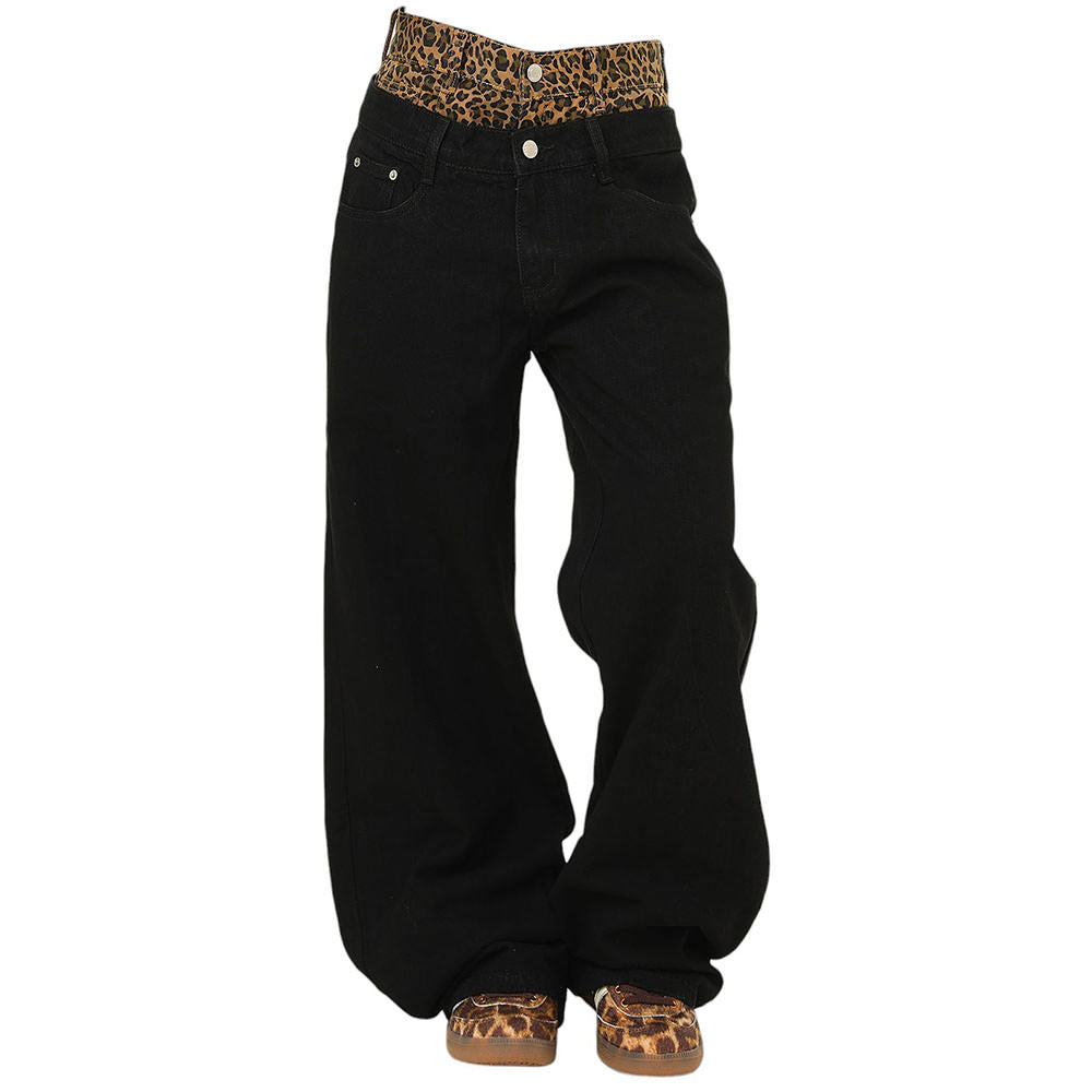 LEOPARD-ACCENT DOUBLE-LAYER WAIST HIGH-WAISTED BLACK JEANS