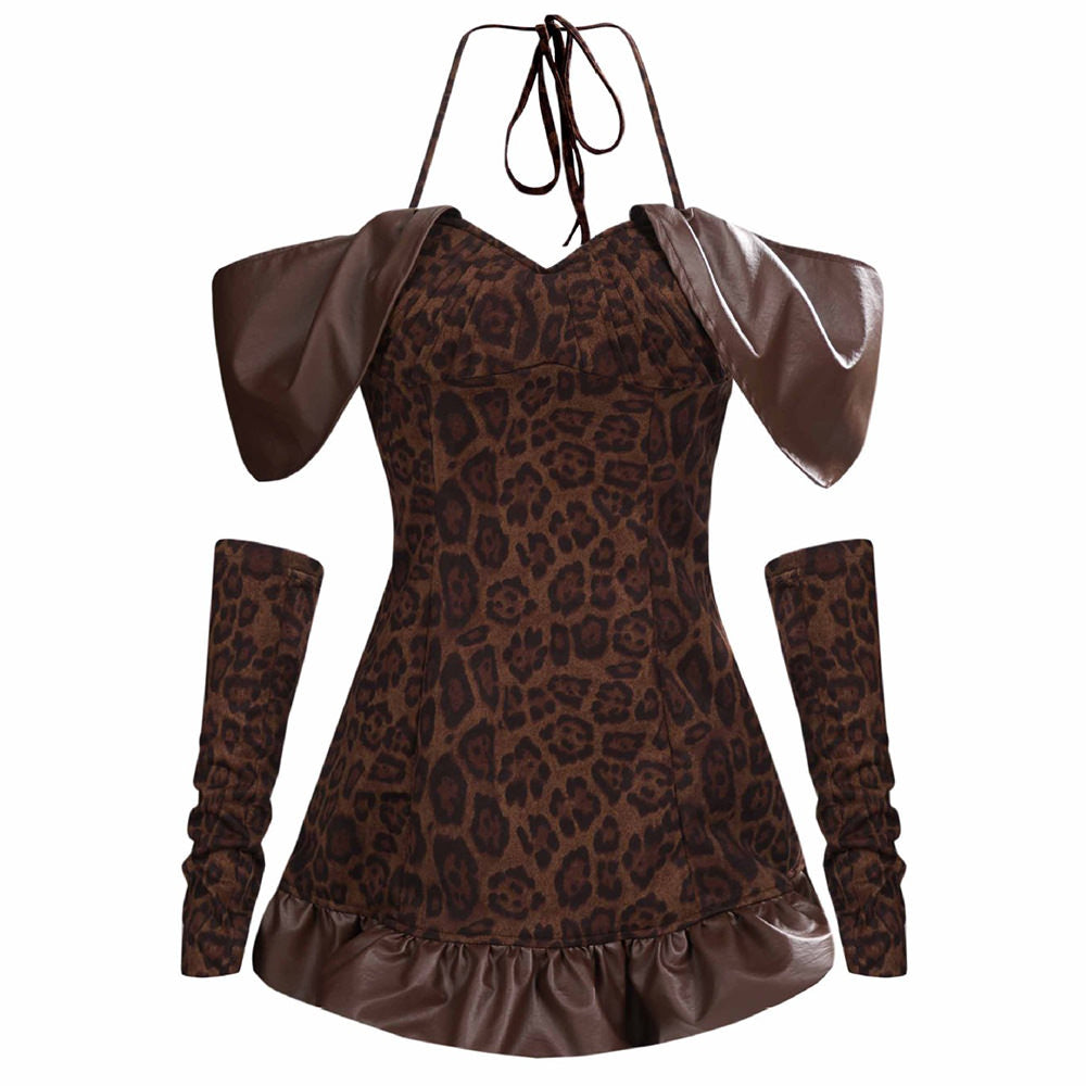 LEOPARD DRESS Y2K ANIMAL PRINT MINI WITH SLEEVES AND RUFFLED SATIN HEM