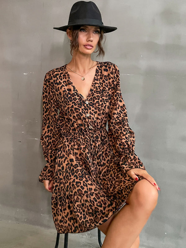 Leopard Print Buttoned Long Sleeve Dress - Photo Color / S