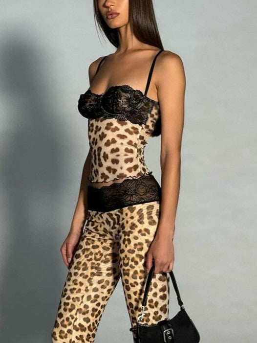 LEOPARD PRINT CAMI WITH LACE PATCHWORK