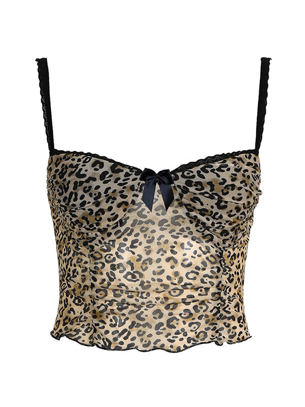 LEOPARD PRINT CAMISOLE WITH BLACK LACE TRIM AND VINTAGE BOW LACE DETAIL
