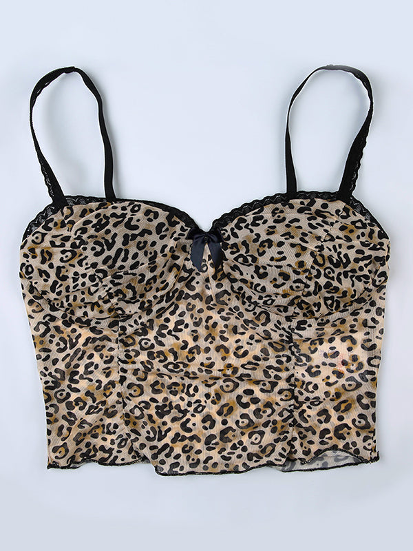 LEOPARD PRINT CAMISOLE WITH BLACK LACE TRIM AND VINTAGE BOW LACE DETAIL
