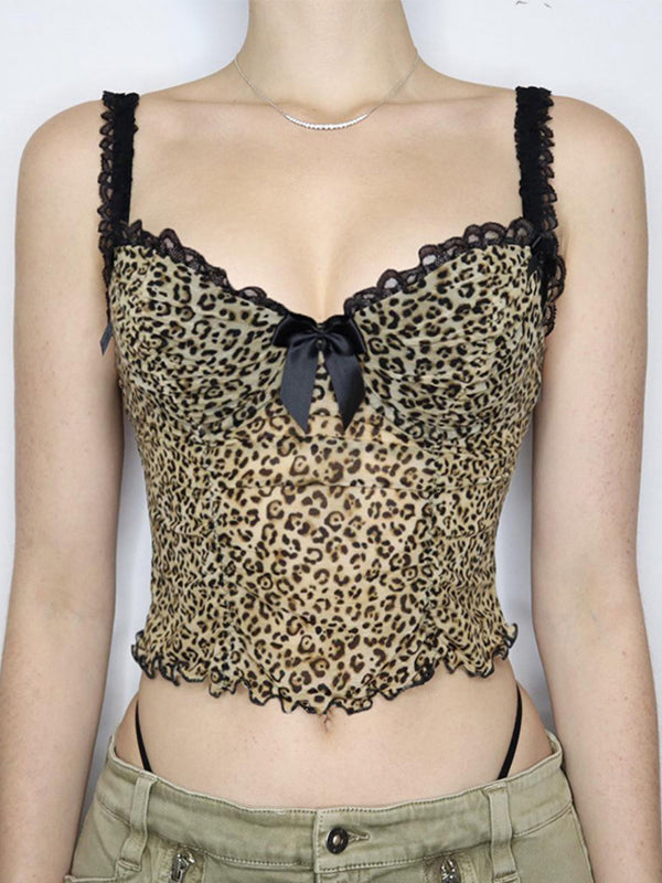 LEOPARD PRINT CAMISOLE WITH BLACK LACE TRIM AND VINTAGE BOW LACE DETAIL