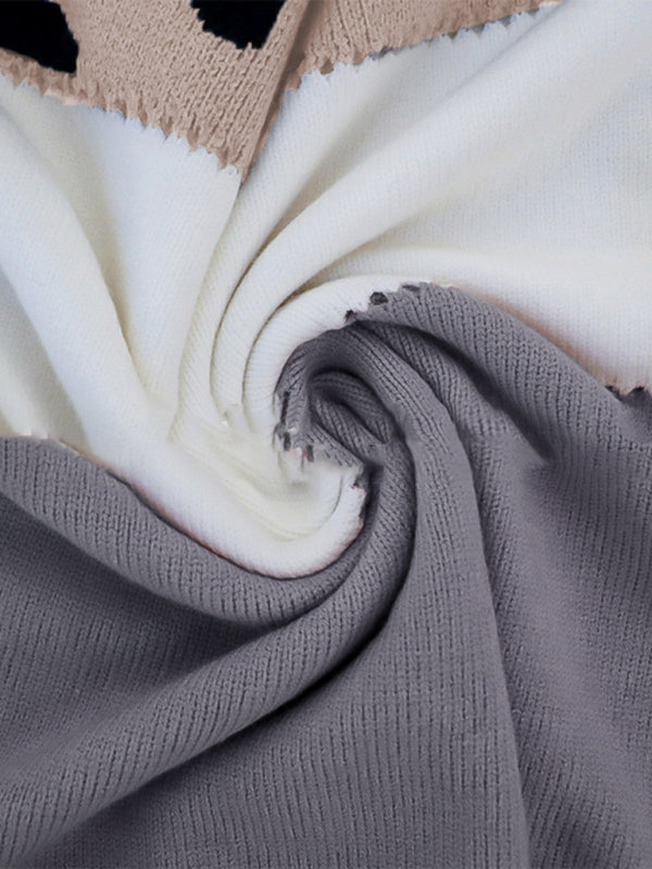 Leopard print round neck color block sweater autumn and winter new women’s knitwear