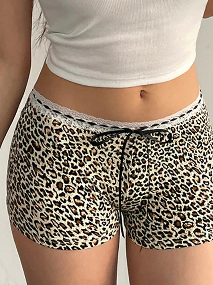 LEOPARD PRINT SHORTS WITH LACE TRIM VINTAGE HIP HOP STYLE