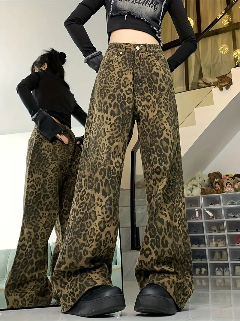 LEOPARD PRINT WIDE-LEG PANTS Y2K LEOPARD BAGGY FASHION