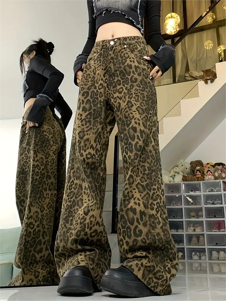 LEOPARD PRINT WIDE-LEG PANTS Y2K LEOPARD BAGGY FASHION