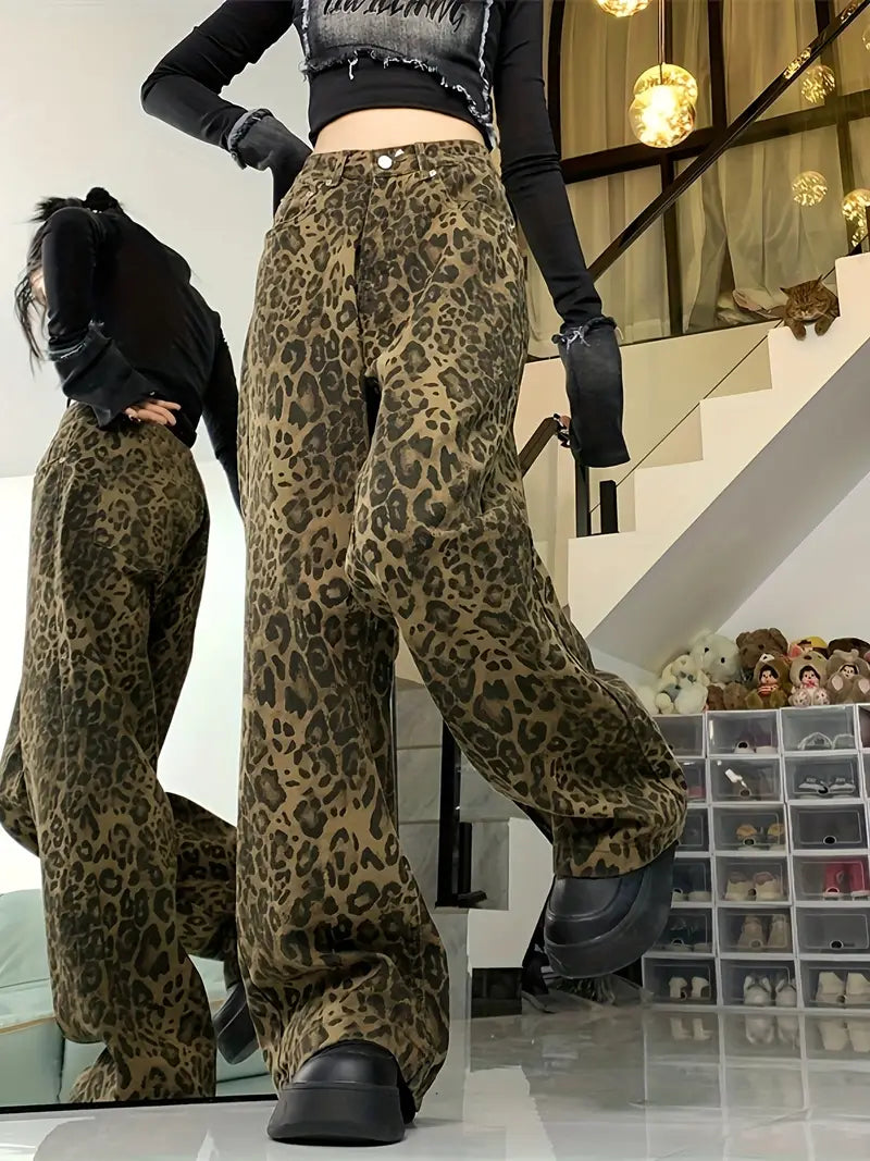 LEOPARD PRINT WIDE-LEG PANTS Y2K LEOPARD BAGGY FASHION