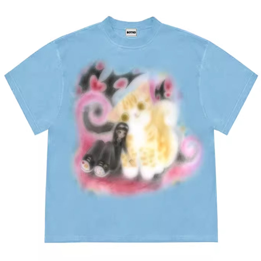 LIGHT BLUE CAT GRAPHIC T-SHIRT PASTEL PALETTE