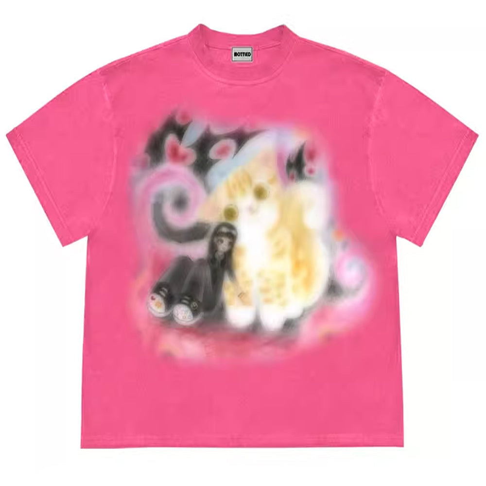 LIGHT BLUE CAT GRAPHIC T-SHIRT PASTEL PALETTE