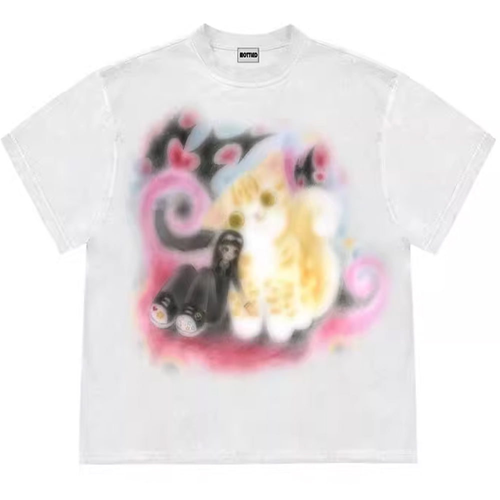 LIGHT BLUE CAT GRAPHIC T-SHIRT PASTEL PALETTE