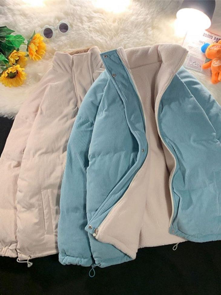 LIGHT BLUE CORDUROY PUFFER JACKET WITH WHITE LINING REVERSIBLE CORDUROY