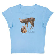 LIGHT BLUE CROP TOP WITH DEER AND DARE FAWN DESIGN