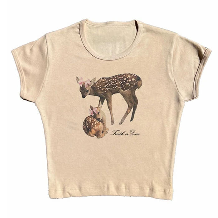 LIGHT BLUE CROP TOP WITH DEER AND DARE FAWN DESIGN
