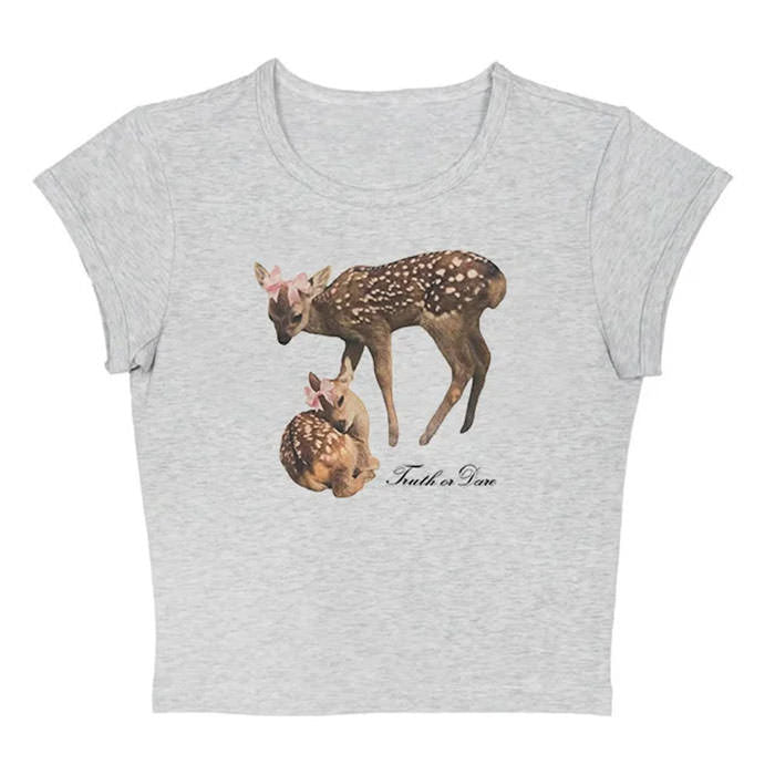 LIGHT BLUE CROP TOP WITH DEER AND DARE FAWN DESIGN
