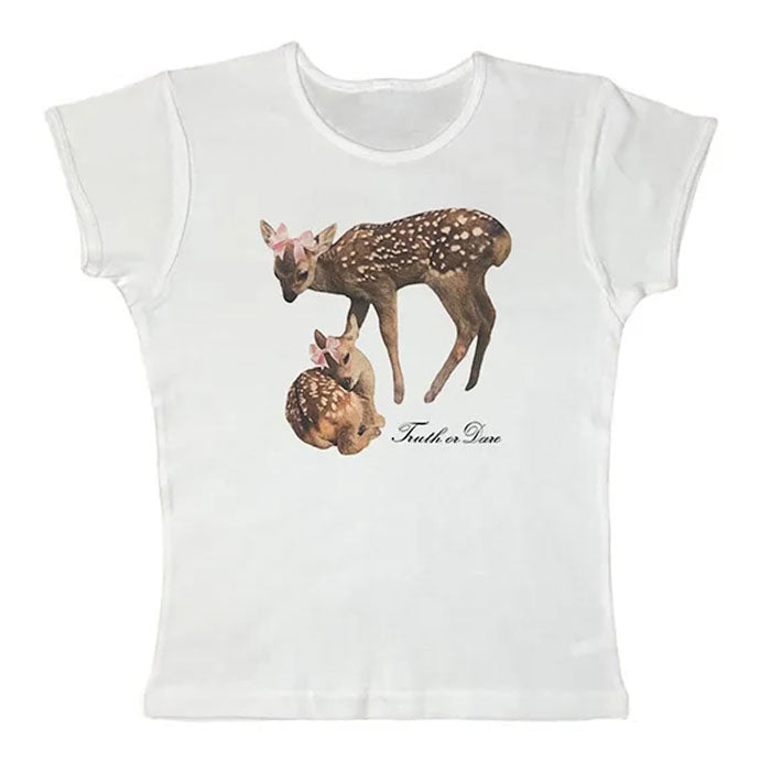 LIGHT BLUE CROP TOP WITH DEER AND DARE FAWN DESIGN