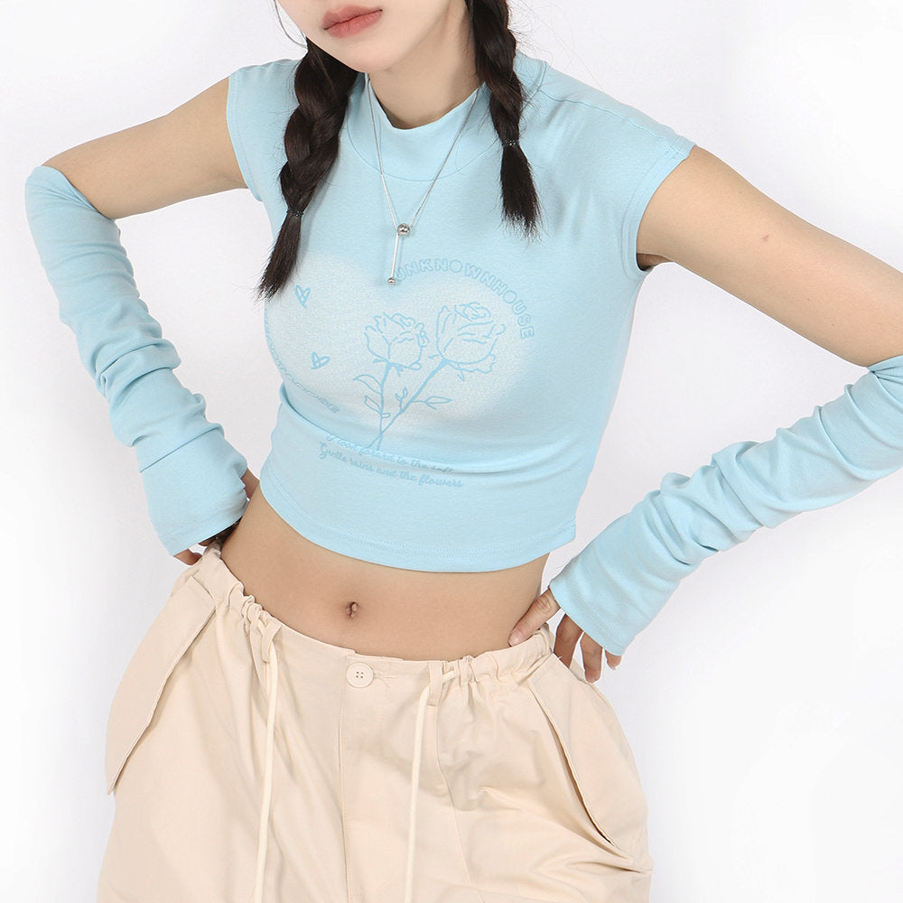 LIGHT BLUE CROP TOP WITH SLEEVES SOFT GIRL AESTHETIC