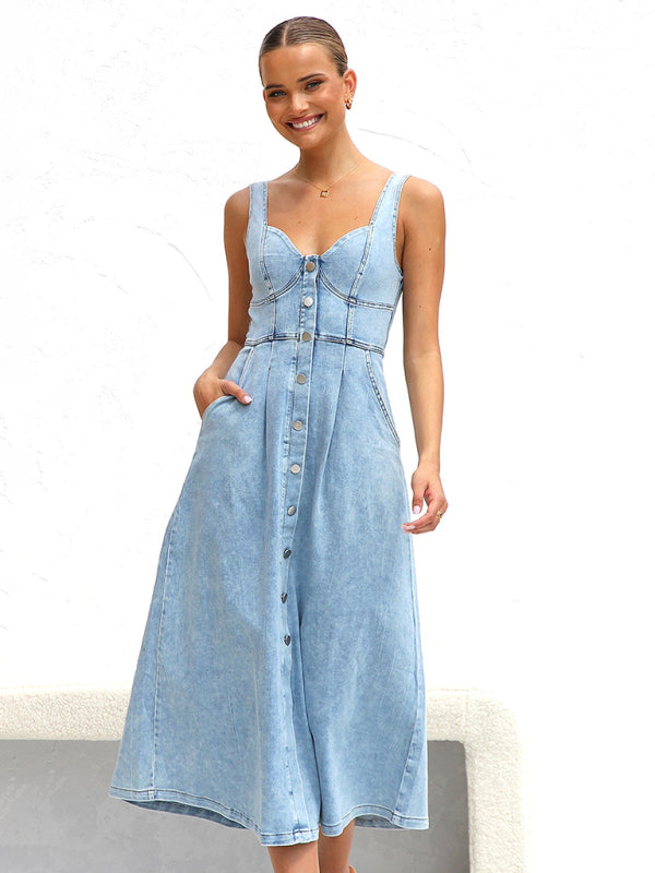 Light blue denim buttoned suspender midi skirt - Blue / S