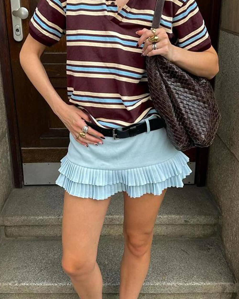 LIGHT BLUE DOUBLE PLEATED MINI SKIRT