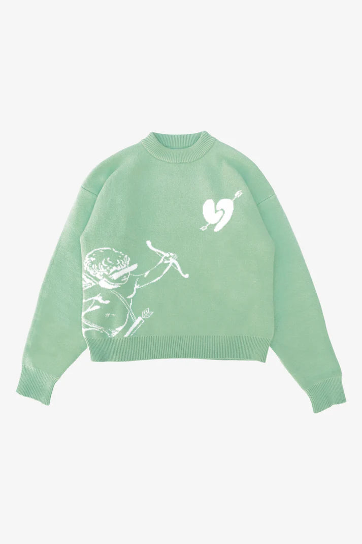 LIGHT BLUE KNITTED SWEATSHIRT WITH WHITE GRAPHIC - AMOR KNITTED SWEATER