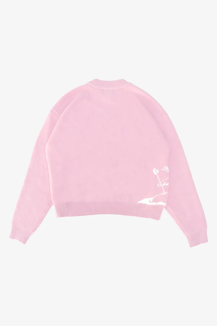 LIGHT BLUE KNITTED SWEATSHIRT WITH WHITE GRAPHIC - AMOR KNITTED SWEATER