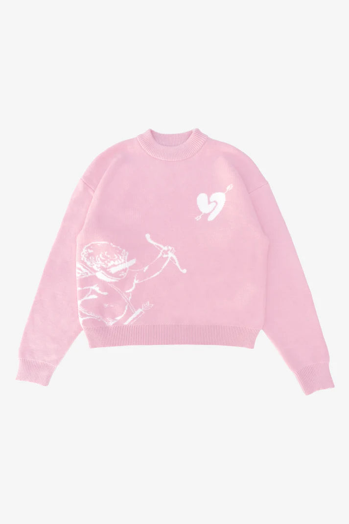 LIGHT BLUE KNITTED SWEATSHIRT WITH WHITE GRAPHIC - AMOR KNITTED SWEATER