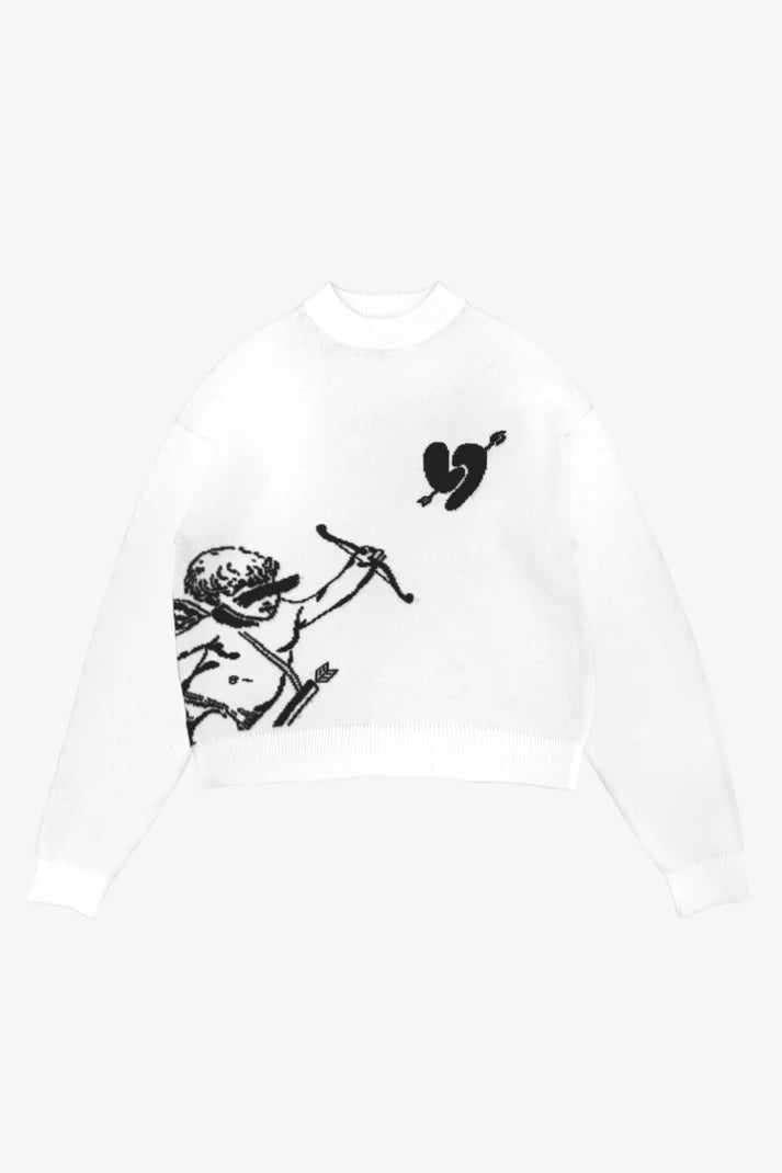 LIGHT BLUE KNITTED SWEATSHIRT WITH WHITE GRAPHIC - AMOR KNITTED SWEATER