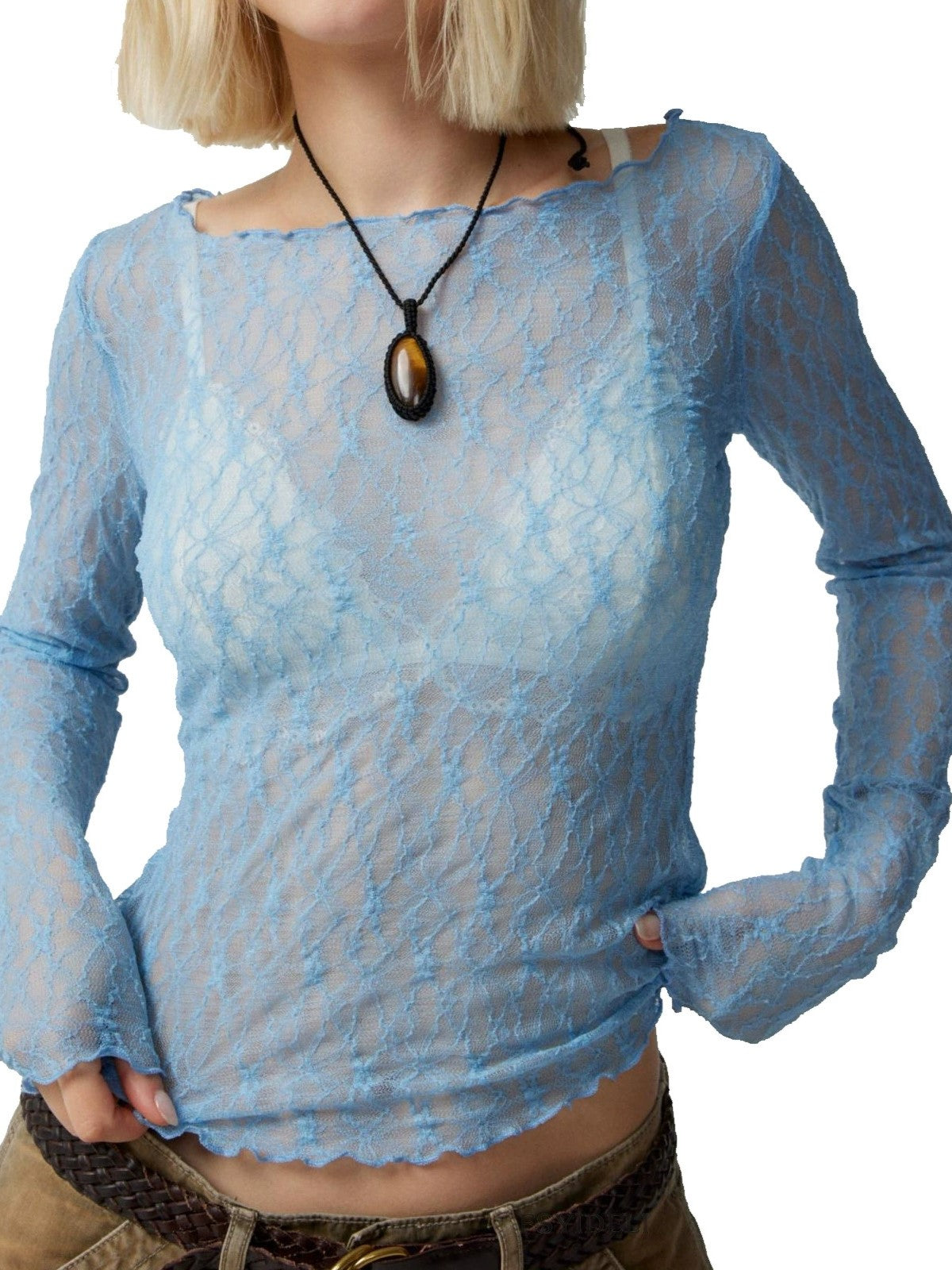 LIGHT BLUE LACE LONG-SLEEVED TOP VINTAGE PERSPECTIVE LACE